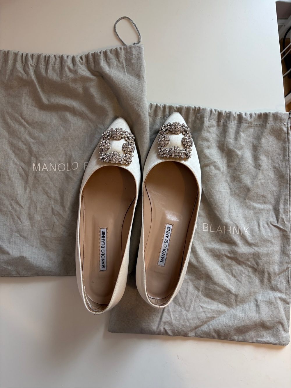 Manolo Blahnik Hangisiflat Cream Satin Crystal Flats